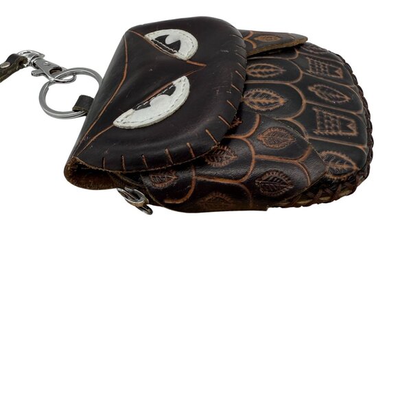 Handcrafted Leather Owl Design Coin Purse Wristlet Snap Zipper Closure - Picture 8 of 9
